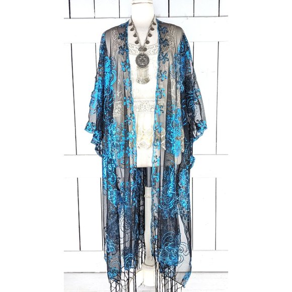 Maxi blue and black floral sequin sheer fringe kimono cover up jacket - Picture 5 of 5